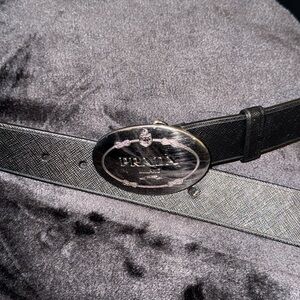 Prada Black Saffiano Leather Engraved Oval Plaque Buckle